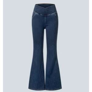 Sz Sm PETITE HALARA Solid Blue Flex™ High Waist Crossover Pocket Casual Jeans
